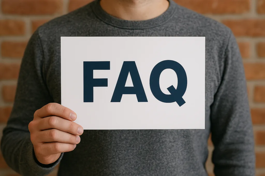 Osoba trzymająca tabliczkę z napisem „FAQ” na tle ceglanej ściany, symbolizująca sekcję najczęściej zadawanych pytań na stronie internetowej.