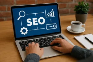 Osoba pracująca przy laptopie z napisem „SEO” na ekranie, symbolizującym pozycjonowanie stron internetowych.