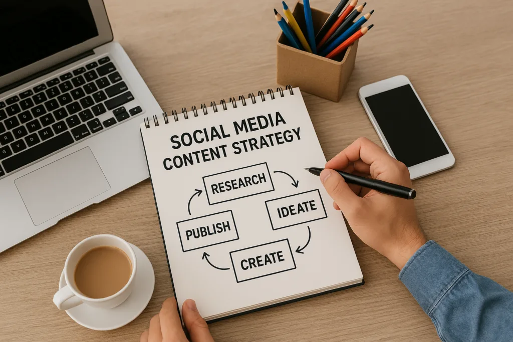 Planowanie strategii content marketingowej w social media na 2025 rok — schemat procesu: research, ideacja, tworzenie i publikacja, widoczny na notatniku obok laptopa i kawy.