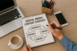 Planowanie strategii content marketingowej w social media na 2025 rok — schemat procesu: research, ideacja, tworzenie i publikacja, widoczny na notatniku obok laptopa i kawy.