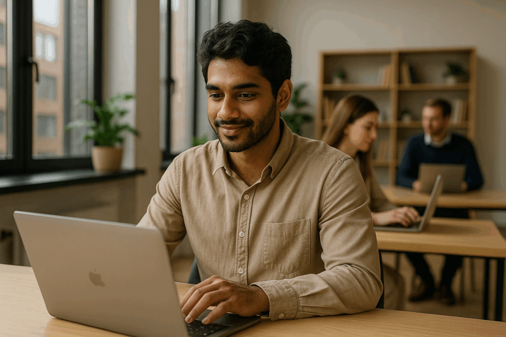 Młody mężczyzna o ciemnych włosach pracujący przy laptopie w jasnym, nowoczesnym biurze z dużymi oknami i roślinami w tle — ilustracja pracy nad „Pozycjonowaniem stron Bytom” w spokojnej, profesjonalnej atmosferze.