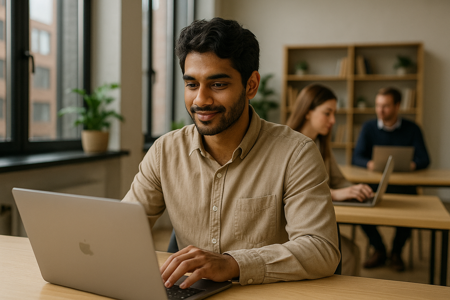 Młody mężczyzna o ciemnych włosach pracujący przy laptopie w jasnym, nowoczesnym biurze z dużymi oknami i roślinami w tle — ilustracja pracy nad „Pozycjonowaniem stron Bytom” w spokojnej, profesjonalnej atmosferze.
