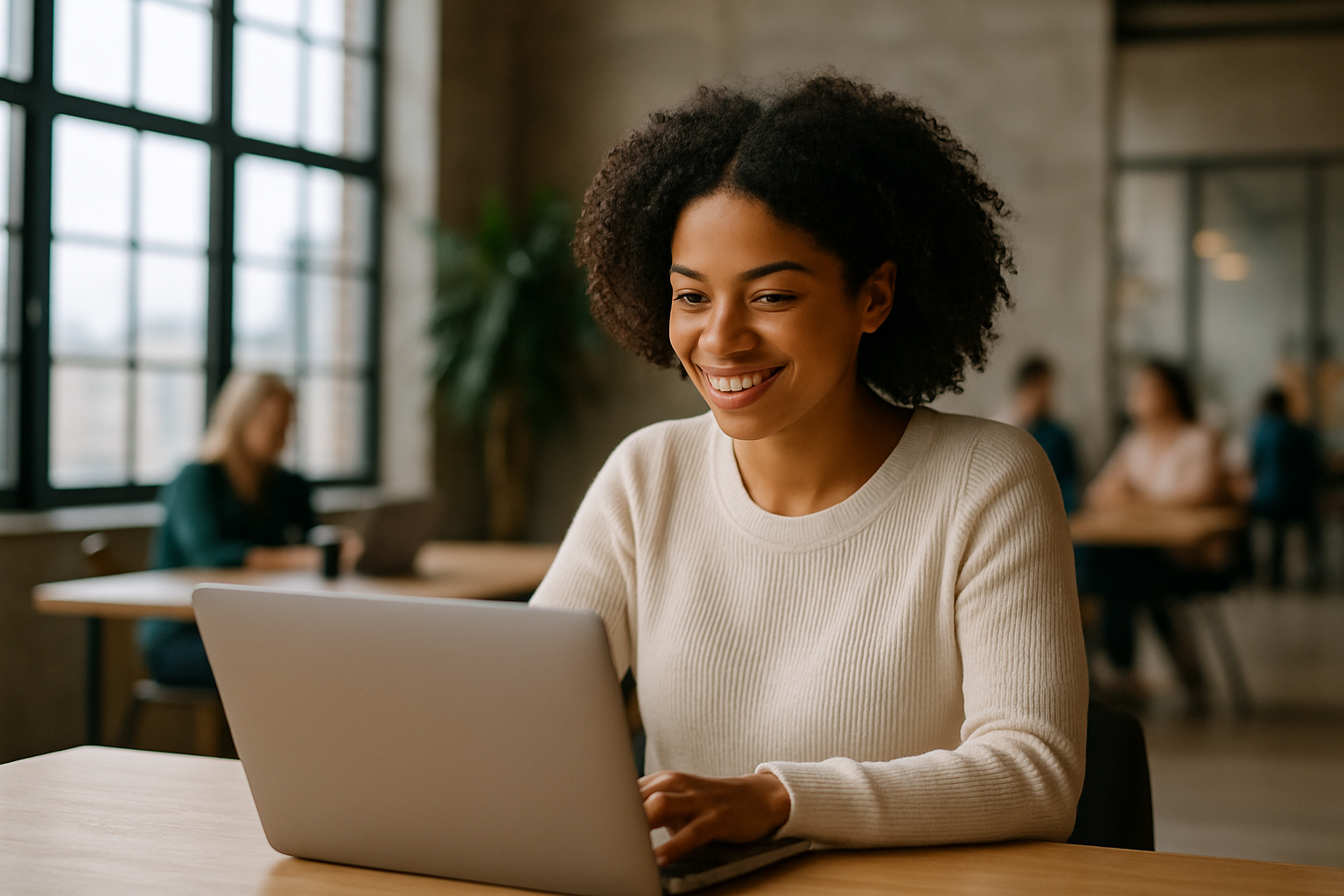 Młoda kobieta w kremowym swetrze pracująca przy laptopie w nowoczesnym, słonecznym biurze z dużymi oknami i minimalistycznym wystrojem — uśmiechnięta, skupiona scena ilustrująca „Pozycjonowanie stron Cieszyn”.