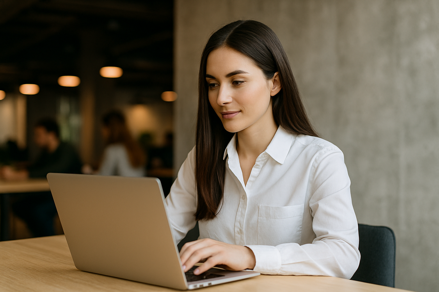 Młoda kobieta w białej koszuli pracująca przy laptopie w nowoczesnym biurze z betonową ścianą i industrialnym oświetleniem — profesjonalna scena ilustrująca „Pozycjonowanie stron Czechowice-Dziedzice”.