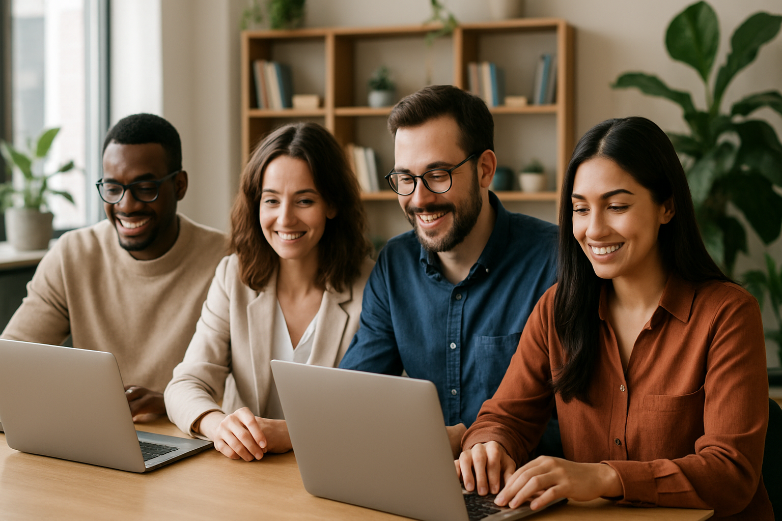 Czterech współpracowników różnych narodowości pracujących razem przy wspólnym biurku w nowoczesnym biurze w Dąbrowie Górniczej — uśmiechnięci, skupieni, w otoczeniu laptopów, roślin i półek — ilustracja tematu „Pozycjonowanie stron Dąbrowa Górnicza”.