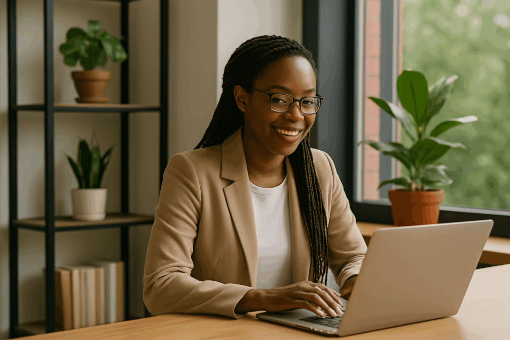 Młoda kobieta w beżowej marynarce pracująca przy laptopie w nowoczesnym, jasnym biurze z roślinami i regałem w tle — ilustracja spokojnego i profesjonalnego środowiska pracy w kontekście „Pozycjonowanie stron Jaworzno”.