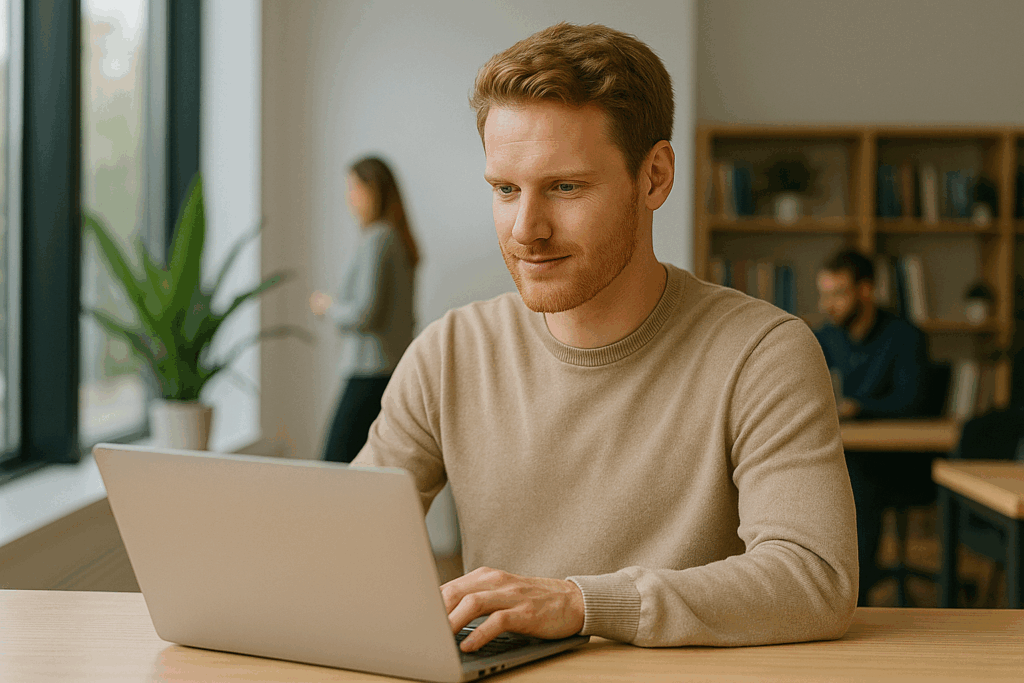 Młody mężczyzna w beżowym swetrze pracujący na laptopie w jasnym, nowoczesnym biurze z dużymi oknami i rozmytymi postaciami współpracowników w tle — ilustracja tematu „Pozycjonowanie stron Kraków” w spokojnym, profesjonalnym otoczeniu.