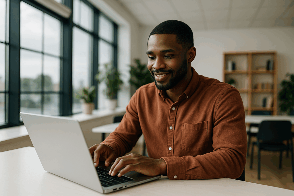 Młody mężczyzna w rudobrązowej koszuli pracujący na laptopie w jasnym, nowoczesnym biurze z dużymi oknami i roślinami — spokojna scena ilustrująca profesjonalne „Pozycjonowanie stron Mikołów”.