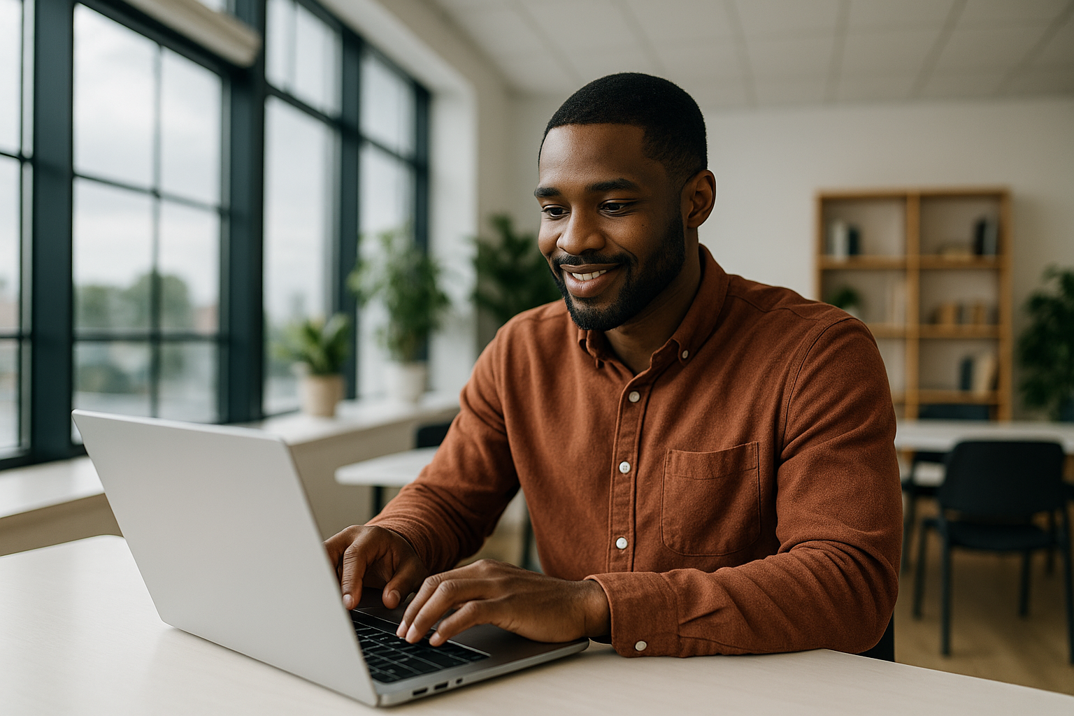 Młody mężczyzna w rudobrązowej koszuli pracujący na laptopie w jasnym, nowoczesnym biurze z dużymi oknami i roślinami — spokojna scena ilustrująca profesjonalne „Pozycjonowanie stron Mikołów”.
