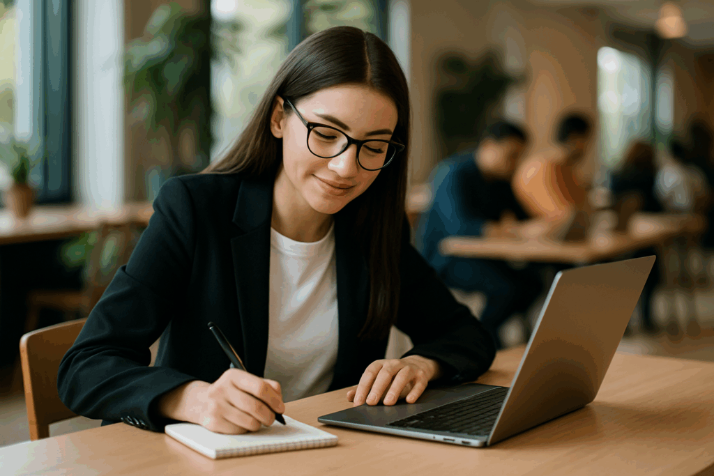 Młoda kobieta w okularach i czarnej marynarce robiąca notatki przy laptopie w nowoczesnej przestrzeni coworkingowej z dużymi oknami i zielenią w tle — ilustracja pracy nad „Pozycjonowaniem stron Oświęcim” w inspirującym otoczeniu.