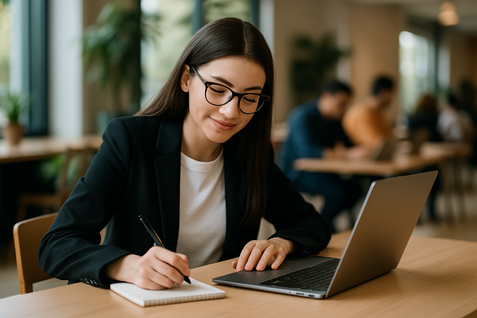 Młoda kobieta w okularach i czarnej marynarce robiąca notatki przy laptopie w nowoczesnej przestrzeni coworkingowej z dużymi oknami i zielenią w tle — ilustracja pracy nad „Pozycjonowaniem stron Oświęcim” w inspirującym otoczeniu.