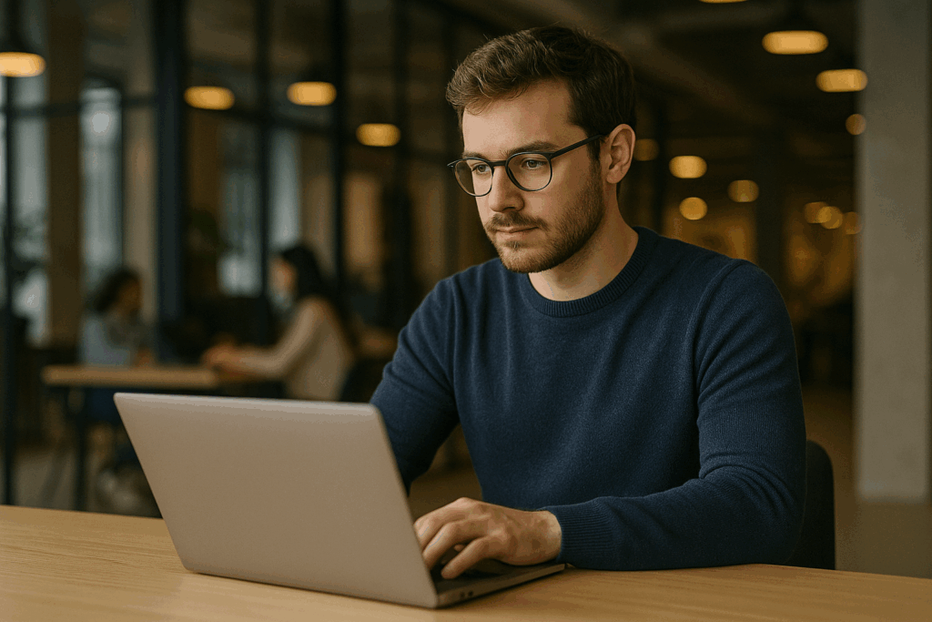 Młody mężczyzna w granatowym swetrze pracujący przy laptopie w nowoczesnym biurze o industrialnym wystroju, z rozproszonym światłem i sylwetkami współpracowników w tle — wizualizacja tematu „Pozycjonowanie stron Ruda Śląska”.