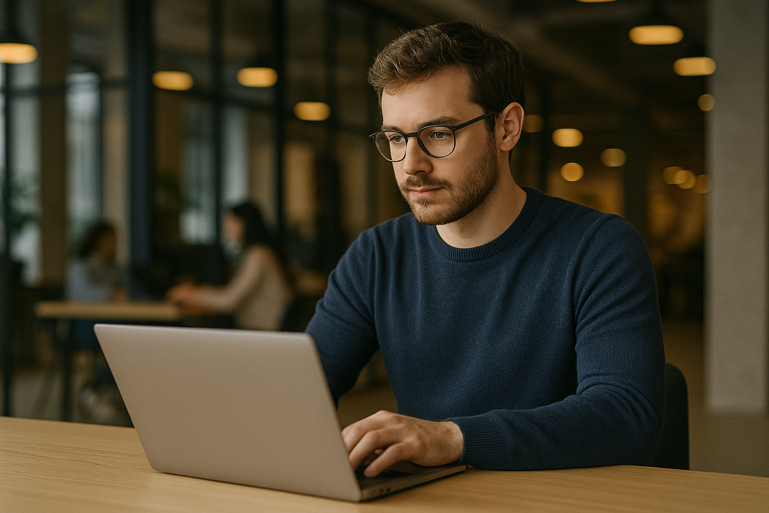Młody mężczyzna w granatowym swetrze pracujący przy laptopie w nowoczesnym biurze o industrialnym wystroju, z rozproszonym światłem i sylwetkami współpracowników w tle — wizualizacja tematu „Pozycjonowanie stron Ruda Śląska”.