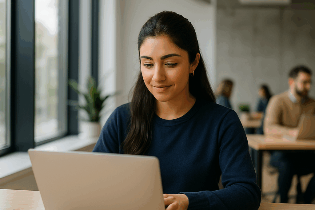 Młoda kobieta w granatowym swetrze pracująca przy laptopie w nowoczesnym biurze z dużymi oknami i roślinami w tle — spokojna, profesjonalna scena ilustrująca „Pozycjonowanie stron Rybnik”.