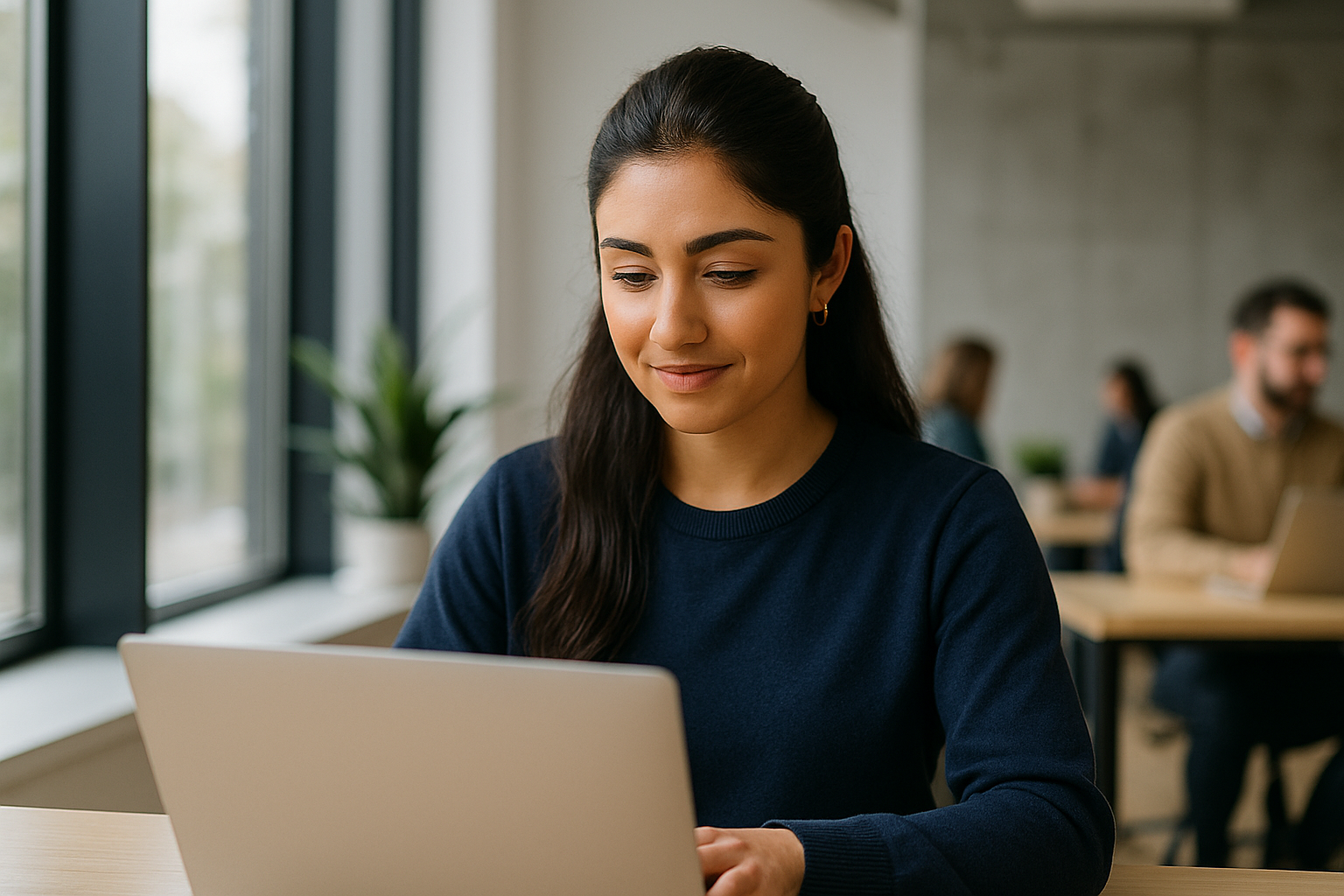 Młoda kobieta w granatowym swetrze pracująca przy laptopie w nowoczesnym biurze z dużymi oknami i roślinami w tle — spokojna, profesjonalna scena ilustrująca „Pozycjonowanie stron Rybnik”.