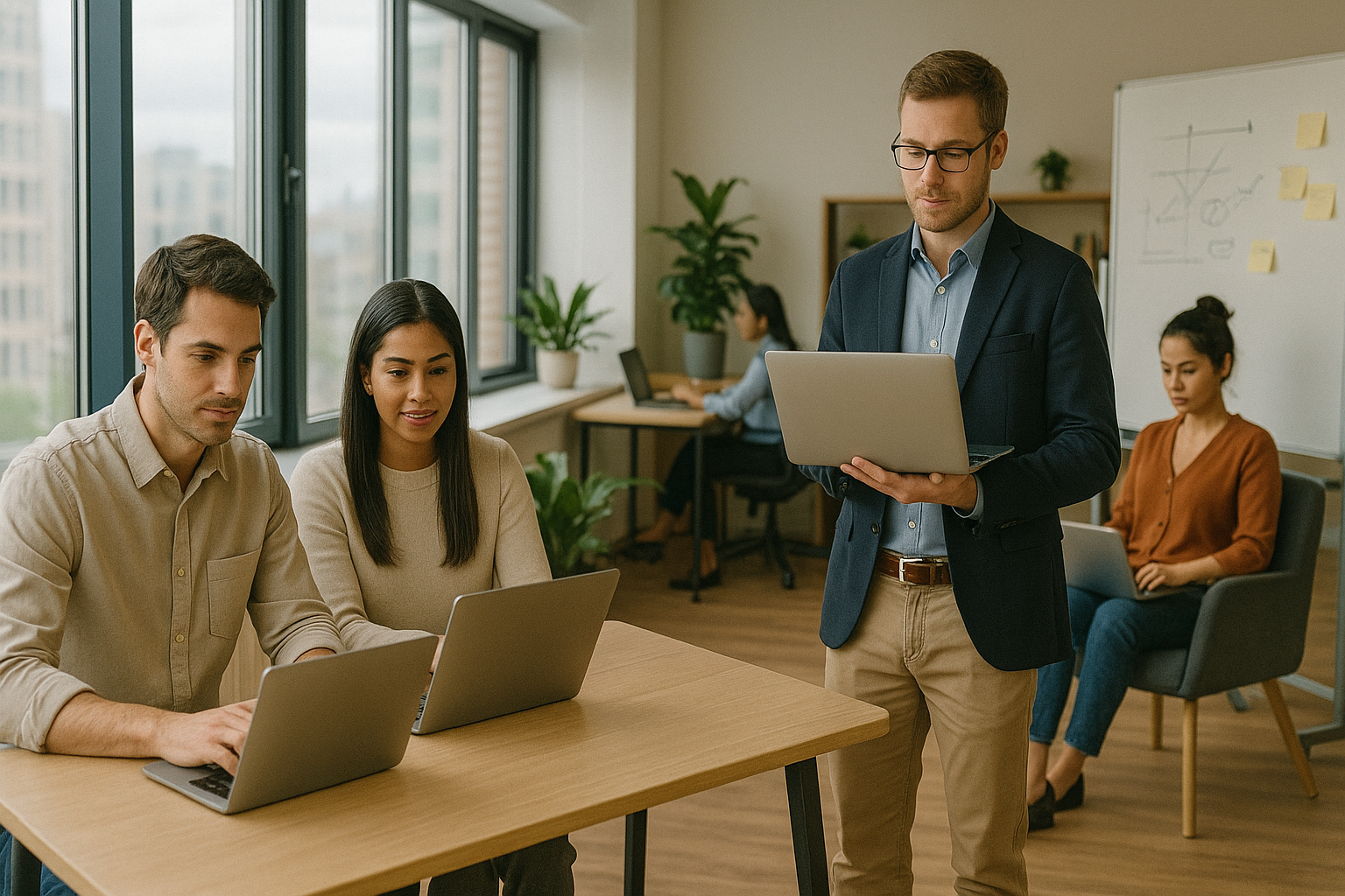 Nowoczesne biuro z czterema specjalistami pracującymi nad laptopami w różnym układzie przestrzennym – część przy oknie, część przy tablicy i na fotelu – dynamiczna scena ilustrująca współpracę i „Pozycjonowanie stron Siemianowice Śląskie”.