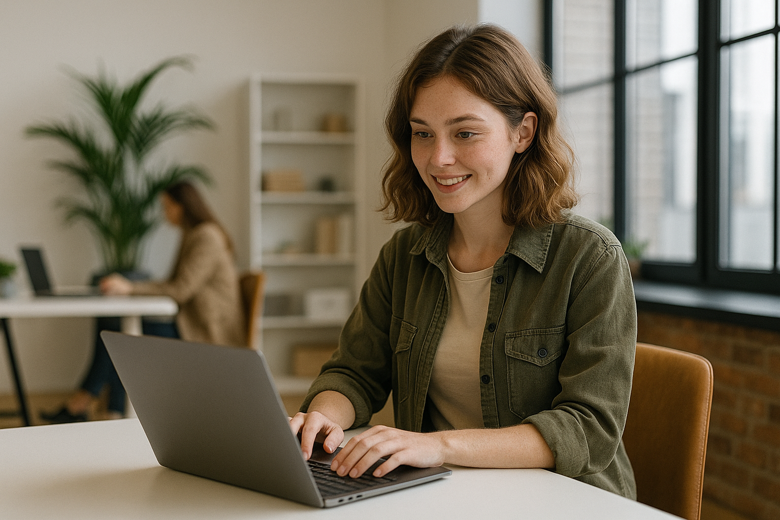 Młoda kobieta z jasnobrązowymi włosami pracująca przy laptopie w nowoczesnym, jasnym biurze z roślinami i dużymi oknami — swobodna i uśmiechnięta, ilustruje temat „Pozycjonowanie stron Ustroń”.