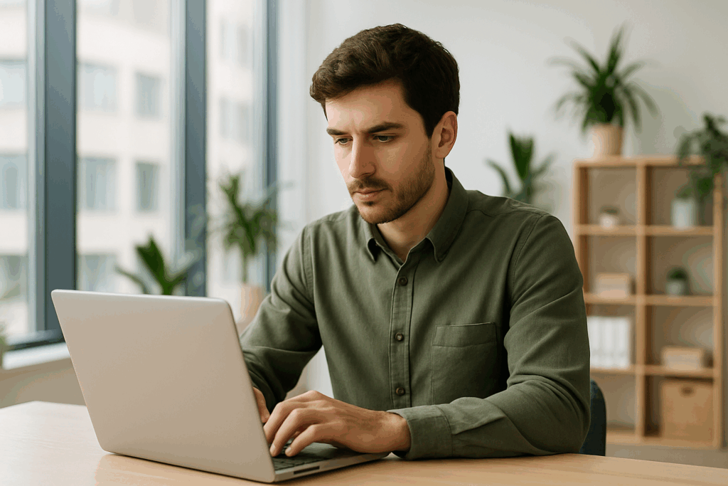 Skoncentrowany młody mężczyzna w zielonej koszuli pracujący na laptopie w jasnym, nowoczesnym biurze z dużymi oknami i roślinami — wizualizacja profesjonalnego „Pozycjonowania stron Wojkowice”.