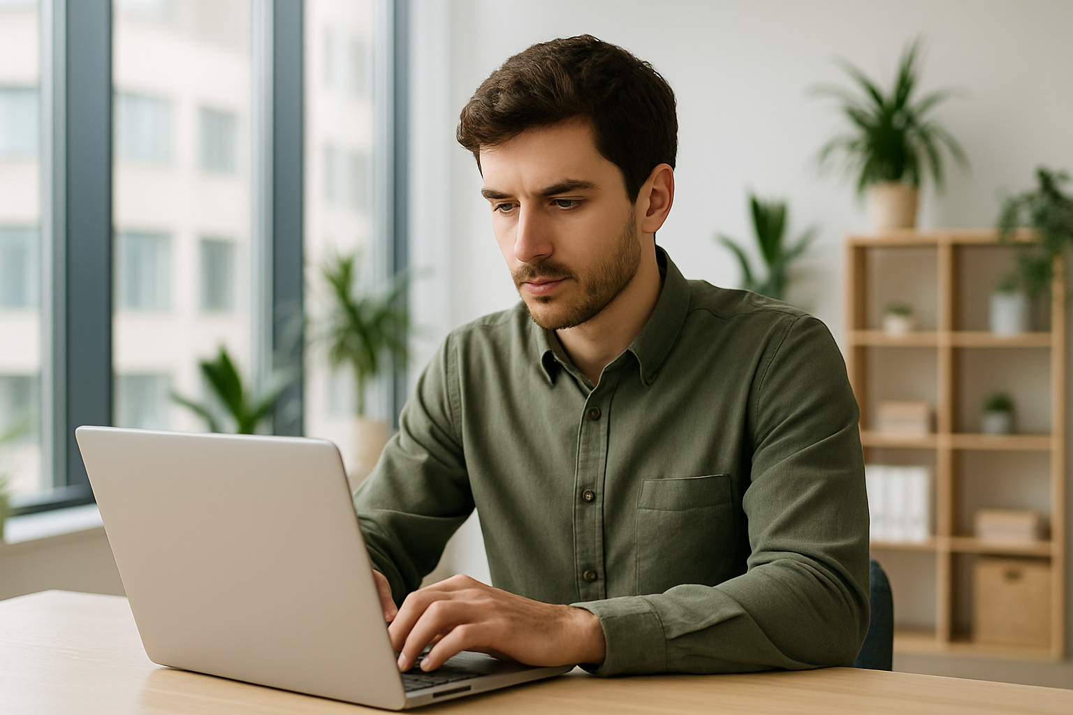Skoncentrowany młody mężczyzna w zielonej koszuli pracujący na laptopie w jasnym, nowoczesnym biurze z dużymi oknami i roślinami — wizualizacja profesjonalnego „Pozycjonowania stron Wojkowice”.