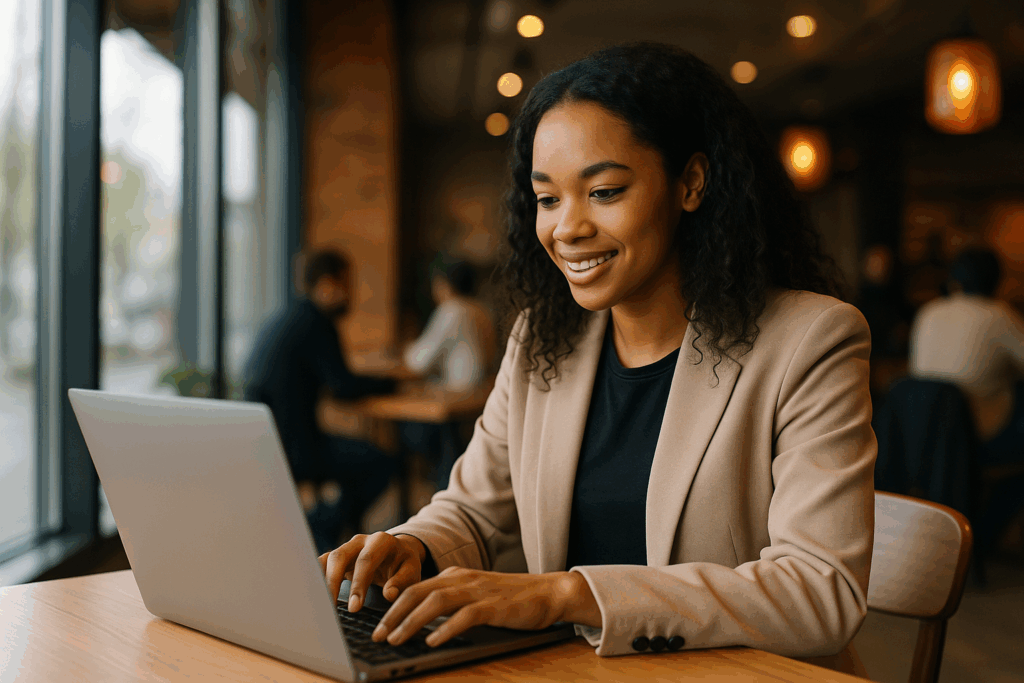 Uśmiechnięta młoda kobieta pracująca przy laptopie w nowoczesnej kawiarni z drewnianym wystrojem i ciepłym oświetleniem — ilustracja kreatywnej i mobilnej pracy nad „Pozycjonowaniem stron Żory”.