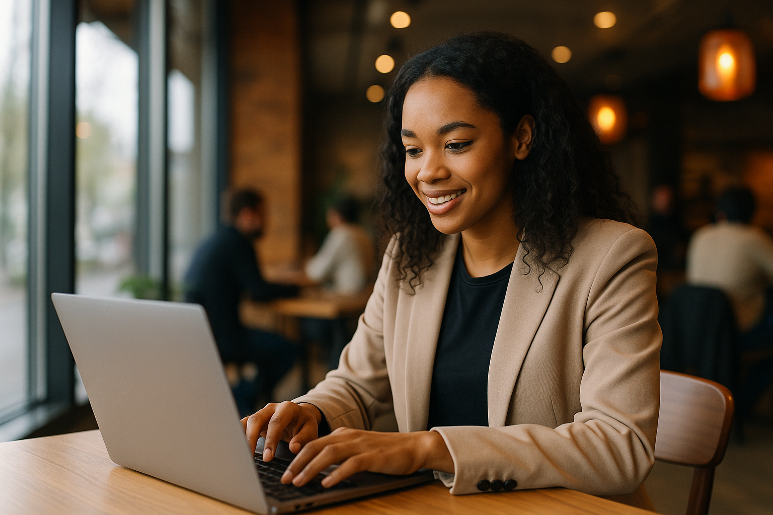 Uśmiechnięta młoda kobieta pracująca przy laptopie w nowoczesnej kawiarni z drewnianym wystrojem i ciepłym oświetleniem — ilustracja kreatywnej i mobilnej pracy nad „Pozycjonowaniem stron Żory”.