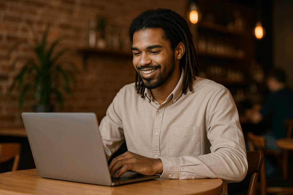 Młody mężczyzna z dredami pracujący na laptopie przy okrągłym drewnianym stole w przytulnej kawiarni z ciepłym oświetleniem i ceglaną ścianą — swobodna scena ilustrująca „Pozycjonowanie stron Żywiec”.