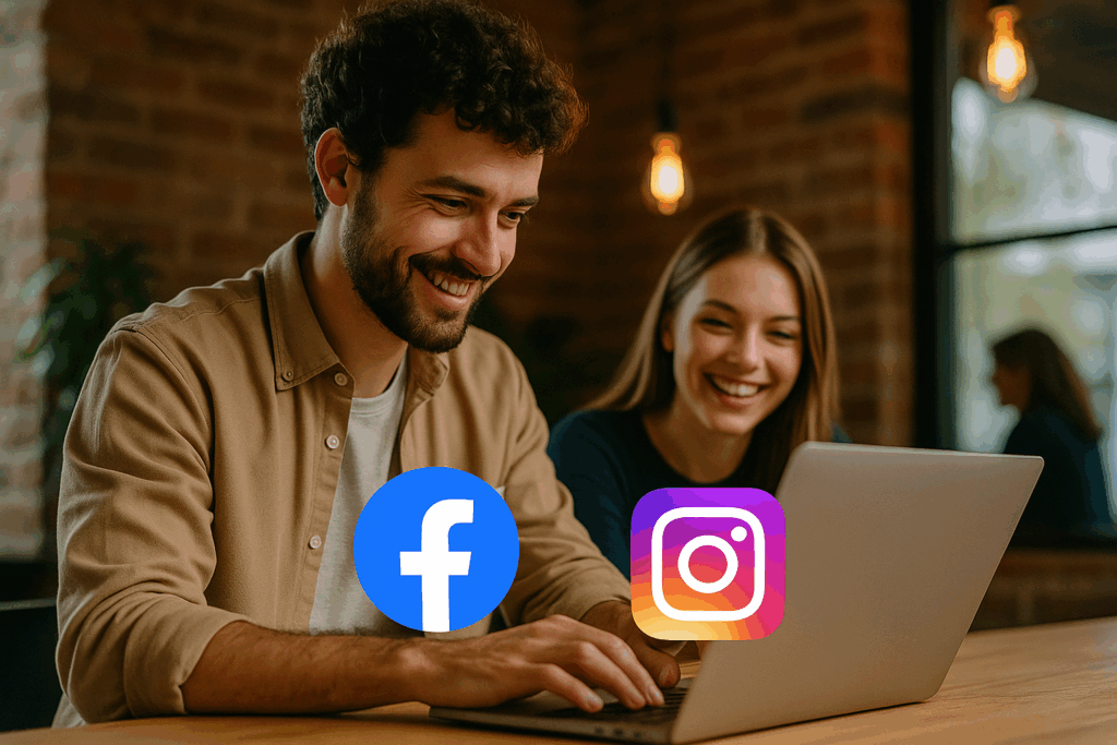 Dwójka młodych specjalistów w przytulnym, industrialnym biurze pracujących wspólnie przy laptopie, z wyraźnie widocznymi ikonami Facebook i Instagram — ujęcie ilustrujące „Prowadzenie social Bielsko-Biała” w kreatywnej atmosferze.