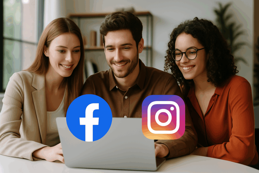 Trzy osoby pracujące wspólnie przy laptopie w jasnym, nowoczesnym biurze z ikonami Facebook i Instagram — profesjonalna scena ilustrująca „Prowadzenie social media Bytom” w zgranym zespole.