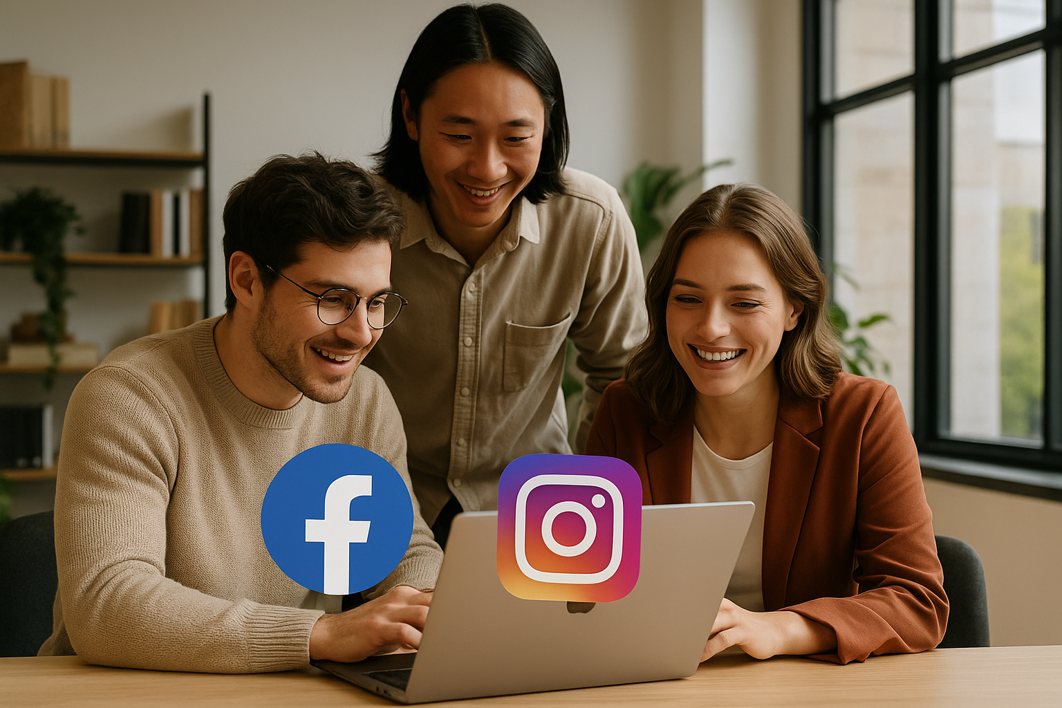 Troje młodych specjalistów współpracujących przy laptopie w jasnym, nowoczesnym biurze z dużymi oknami i ikonami Facebook oraz Instagram — scena ilustrująca „Prowadzenie social media Chorzów” w przyjaznym środowisku pracy.