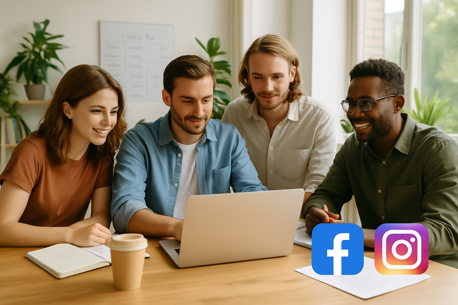 Cztery osoby pracujące razem przy laptopie w jasnym, nowoczesnym biurze z dużymi oknami i roślinami w tle oraz ikonami Facebook i Instagram — dynamiczna scena ilustrująca „Prowadzenie social media Cieszyn”.