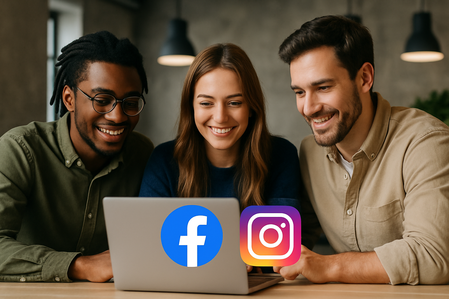 Trzy osoby współpracujące przy laptopie w nowoczesnym, industrialnym biurze z surową betonową ścianą i ikonami Facebook oraz Instagram — dynamiczna scena ilustrująca „Prowadzenie social media Czechowice-Dziedzice”.