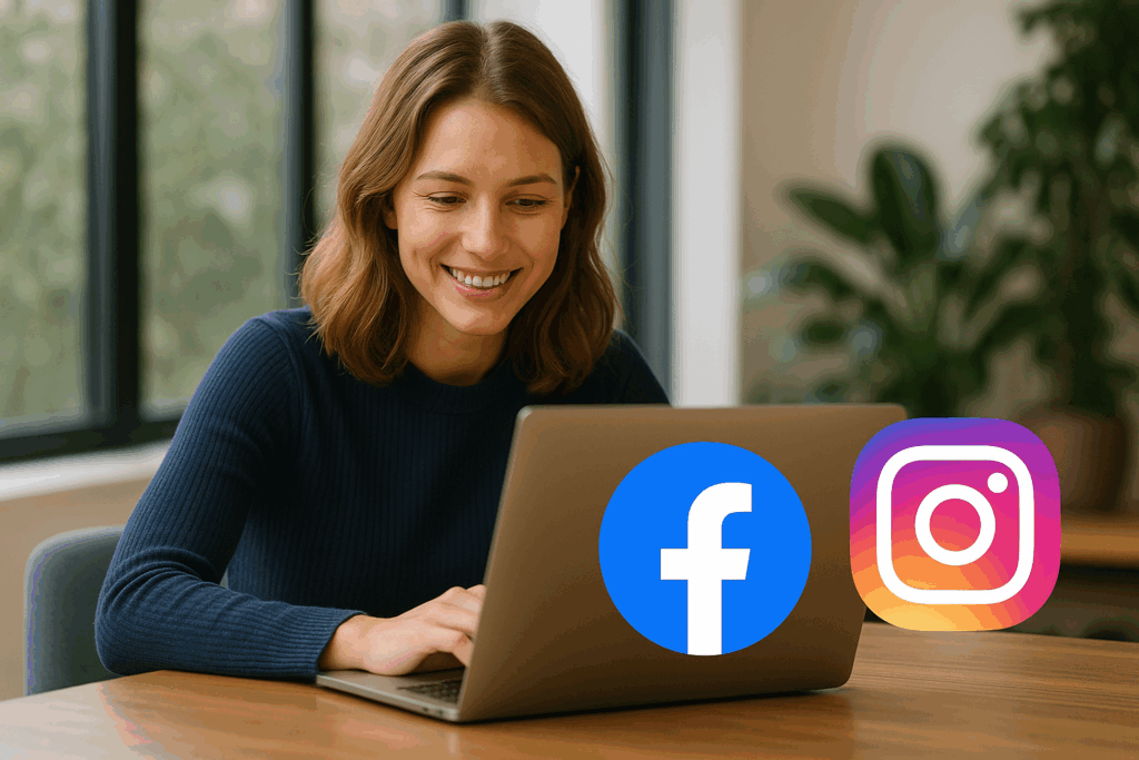 Uśmiechnięta kobieta pracująca przy laptopie w nowoczesnym, jasnym biurze z dużymi oknami i ikonami Facebook oraz Instagram — spokojna scena ilustrująca „Prowadzenie social media Dąbrowa Górnicza”.