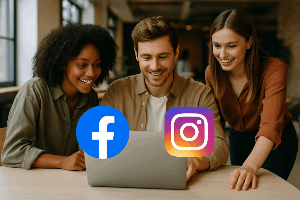 Trzy osoby pracujące wspólnie przy laptopie w nowoczesnym, jasnym biurze z industrialnym wystrojem oraz ikonami Facebook i Instagram — dynamiczna scena ilustrująca „Prowadzenie social media Jaworzno”.