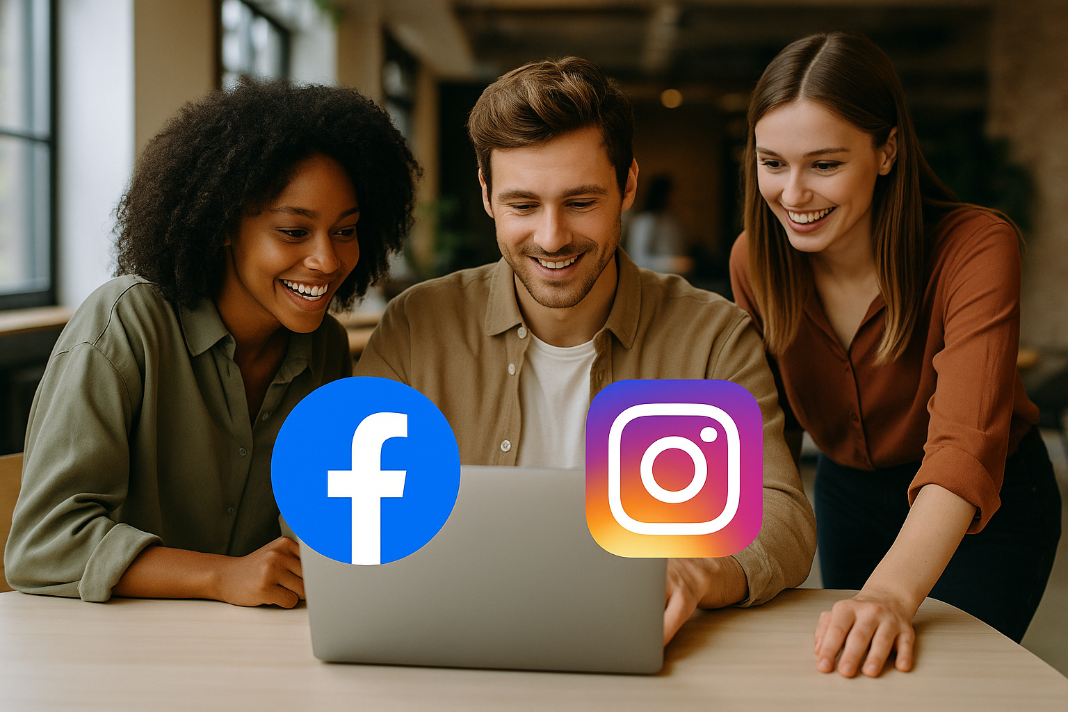 Trzy osoby pracujące wspólnie przy laptopie w nowoczesnym, jasnym biurze z industrialnym wystrojem oraz ikonami Facebook i Instagram — dynamiczna scena ilustrująca „Prowadzenie social media Jaworzno”.