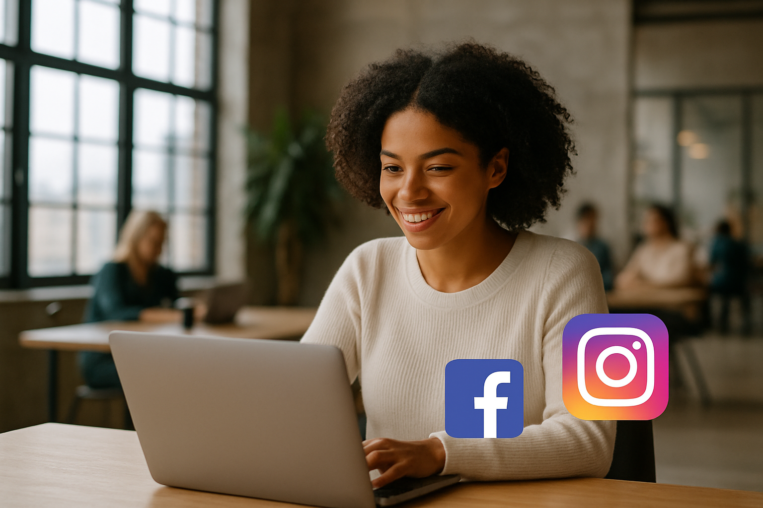 Uśmiechnięta kobieta pracująca przy laptopie w nowoczesnym biurze z ikonami Facebook i Instagram na pierwszym planie — wizualizacja tematu „Prowadzenie social media Katowice” w kreatywnym środowisku.