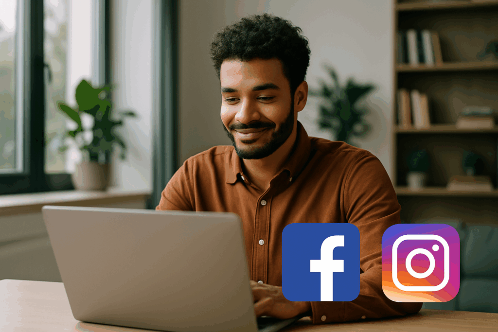 Młody mężczyzna w rudobrązowej koszuli pracujący przy laptopie w jasnym, nowoczesnym biurze z ikonami Facebook i Instagram — spokojna scena ilustrująca „Prowadzenie social media Kraków”.