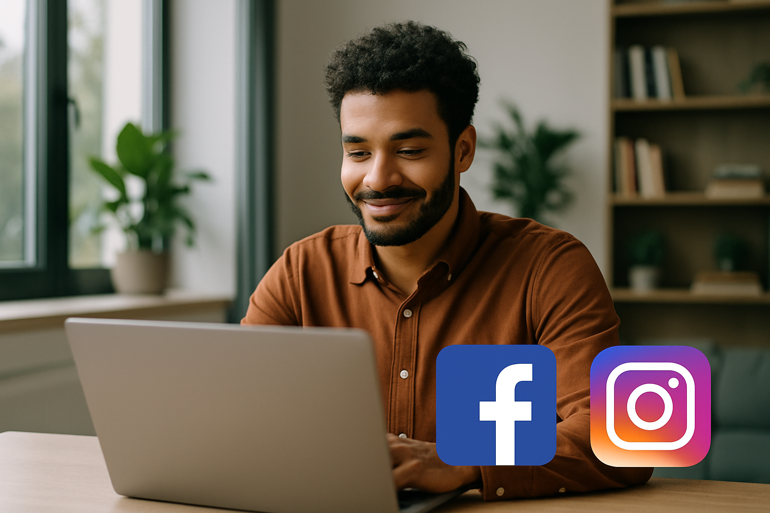 Młody mężczyzna w rudobrązowej koszuli pracujący przy laptopie w jasnym, nowoczesnym biurze z ikonami Facebook i Instagram — spokojna scena ilustrująca „Prowadzenie social media Kraków”.