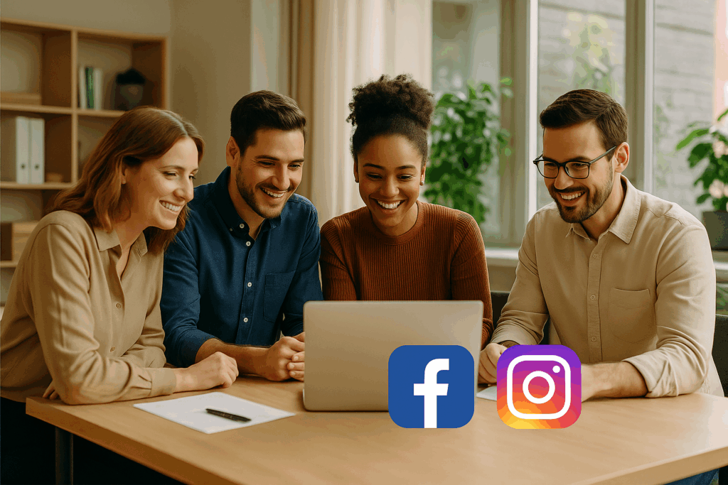 Cztery osoby pracujące razem przy laptopie w jasnym, nowoczesnym biurze z dużymi oknami i ikonami Facebook oraz Instagram — profesjonalna scena ilustrująca „Prowadzenie social media Mikołów”.