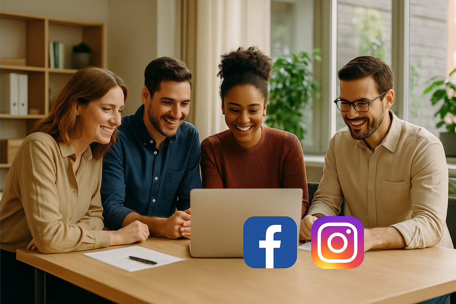 Cztery osoby pracujące razem przy laptopie w jasnym, nowoczesnym biurze z dużymi oknami i ikonami Facebook oraz Instagram — profesjonalna scena ilustrująca „Prowadzenie social media Mikołów”.