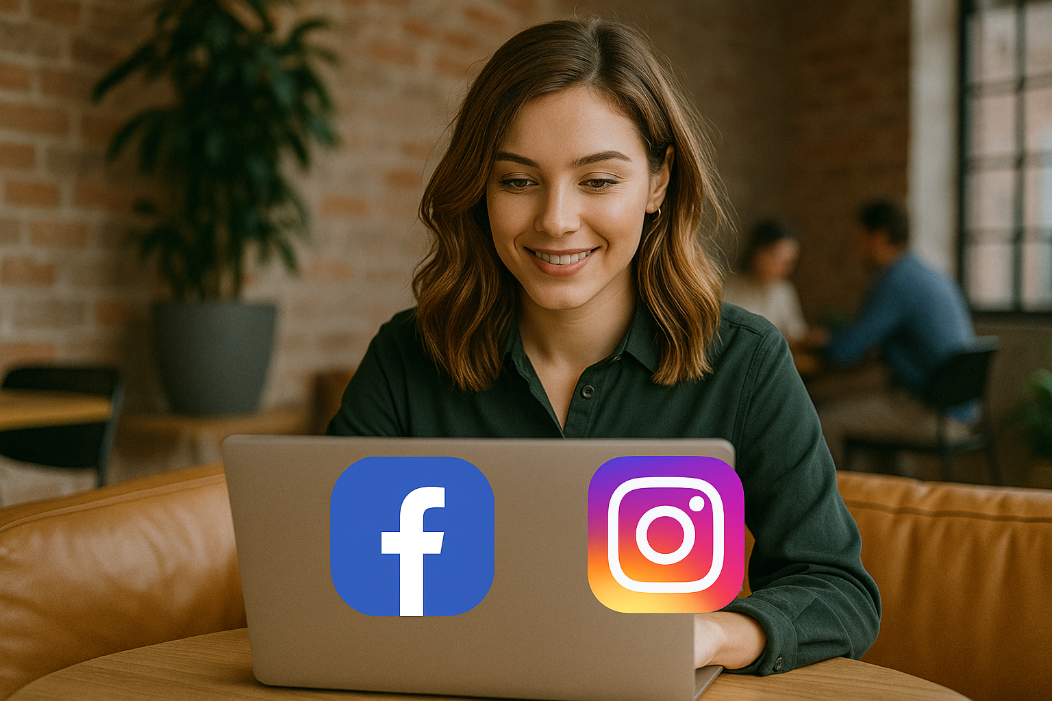 Młoda kobieta w zielonej koszuli pracująca przy laptopie w przytulnej przestrzeni coworkingowej z ceglaną ścianą i ikonami Facebook oraz Instagram — ilustracja tematu „Prowadzenie social media Mysłowice” w nowoczesnym otoczeniu.