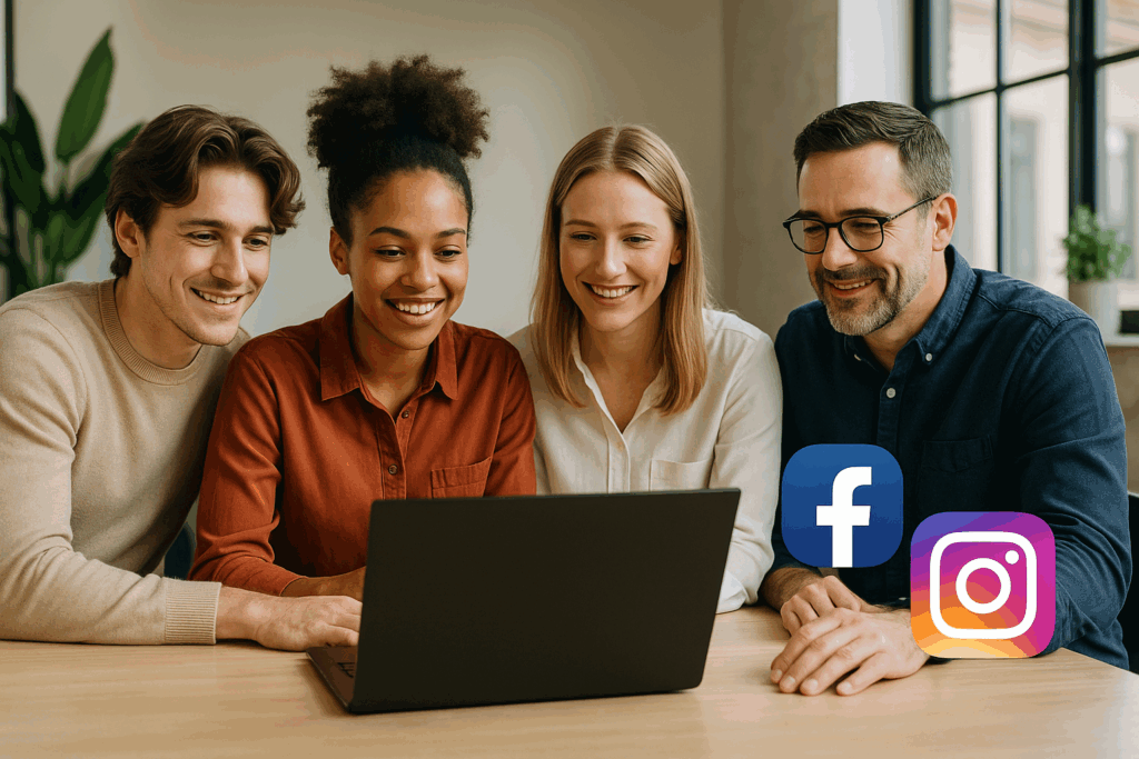 Cztery osoby pracujące razem przy laptopie w jasnym, nowoczesnym biurze z ikonami Facebook i Instagram — przyjazna scena ilustrująca „Prowadzenie social media Oświęcim” w kreatywnym środowisku.