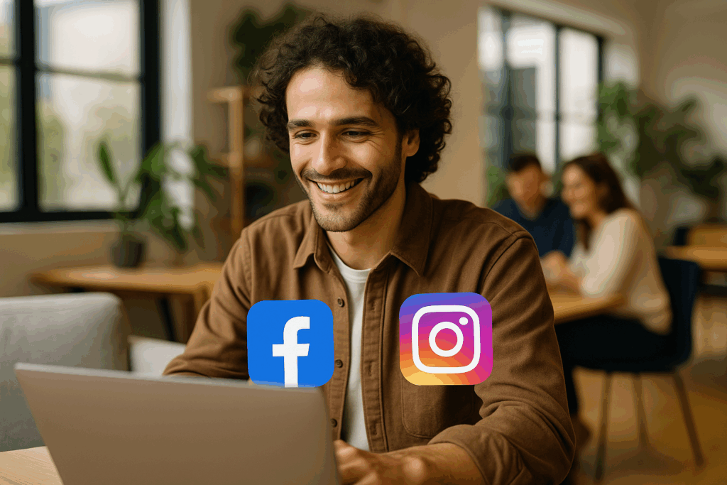 Uśmiechnięty mężczyzna z kręconymi włosami pracujący na laptopie w jasnym, nowoczesnym biurze z ikonami Facebook i Instagram — swobodna scena ilustrująca „Prowadzenie social media Pszczyna”.