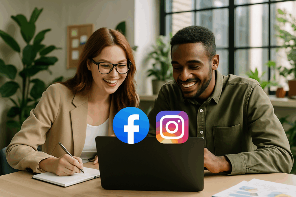 Dwóch młodych specjalistów współpracujących przy laptopie w nowoczesnym, zielonym biurze z ikonami Facebook i Instagram — dynamiczna scena ilustrująca „Prowadzenie social media Ruda Śląska”.