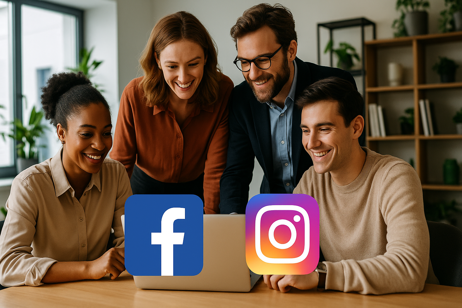 Cztery osoby współpracujące przy laptopie w jasnym, nowoczesnym biurze z ikonami Facebook i Instagram — profesjonalna scena ilustrująca „Prowadzenie social media Rybnik” w dynamicznym środowisku pracy.