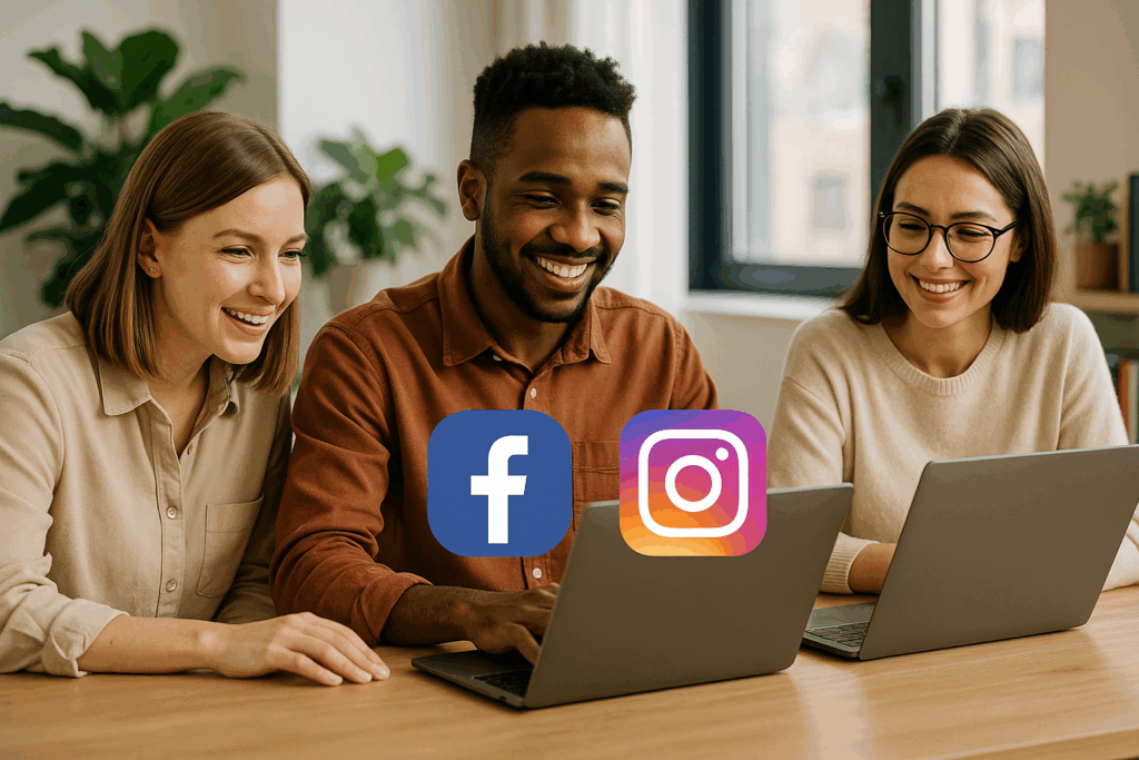 Trzy osoby pracujące wspólnie przy laptopach w nowoczesnym, jasnym biurze z ikonami Facebook i Instagram — ujęcie ilustrujące „Prowadzenie social media Siemianowice Śląskie” w przyjaznej i kreatywnej atmosferze.