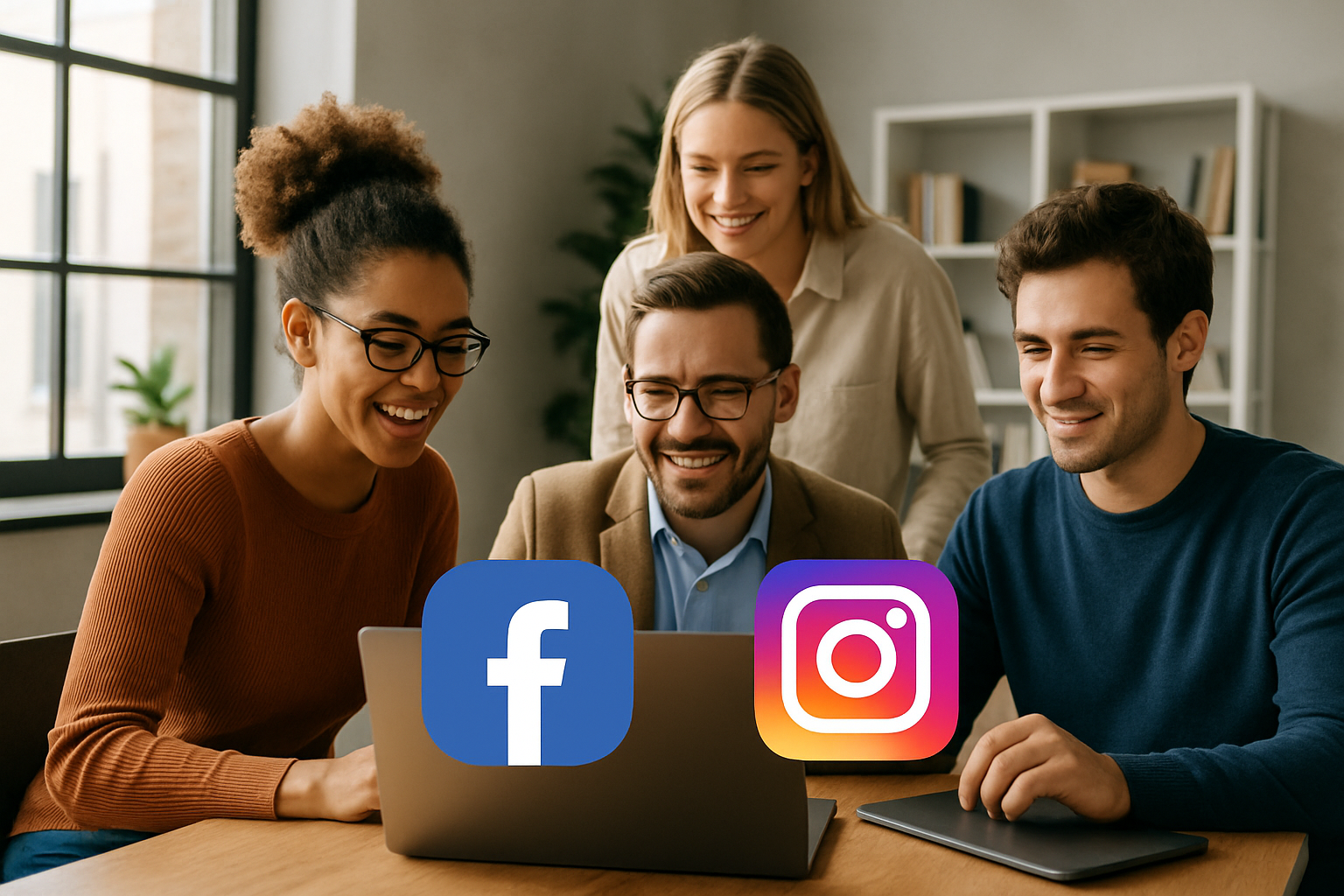 Czwórka młodych profesjonalistów współpracujących przy laptopie w nowoczesnym, jasnym biurze z ikonami Facebook i Instagram — scena zespołowej pracy ilustrująca „Prowadzenie social media Sosnowiec”.