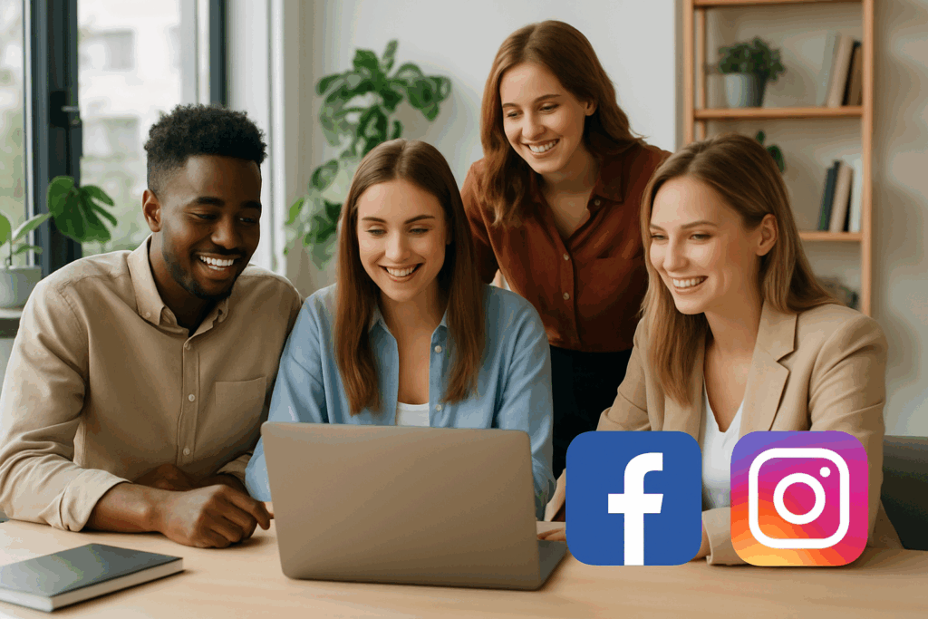 Cztery osoby współpracujące przy laptopie w nowoczesnym, jasnym biurze z ikonami Facebook i Instagram — przyjazna scena ilustrująca „Prowadzenie social media Szczyrk” w kreatywnym środowisku pracy.