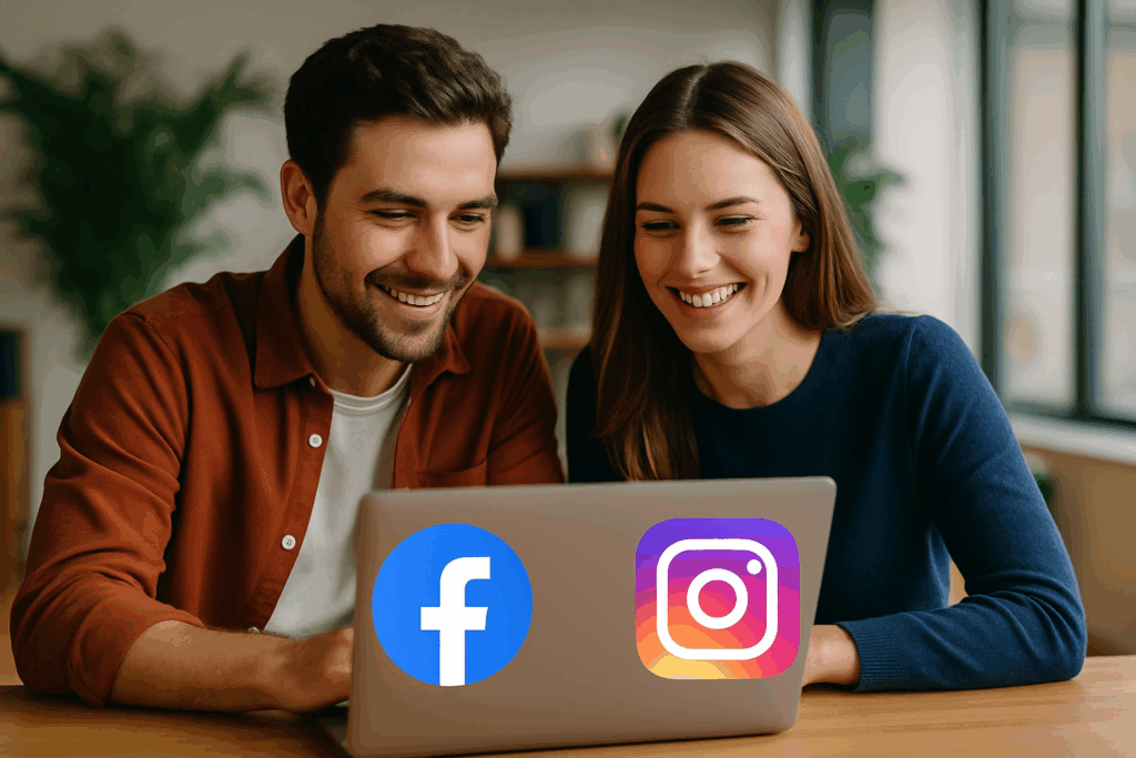 Uśmiechnięta para młodych specjalistów pracująca wspólnie przy laptopie w jasnym biurze z ikonami Facebook i Instagram na ekranie — nowoczesna scena ilustrująca „Prowadzenie social media Tychy”.