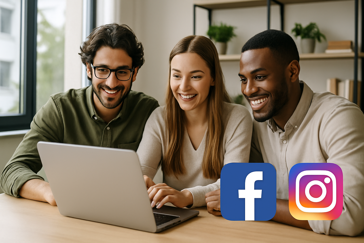 Troje młodych specjalistów pracujących razem przy laptopie w jasnym, nowoczesnym biurze z ikonami Facebook i Instagram — profesjonalna scena ilustrująca „Prowadzenie social media Ustroń”.