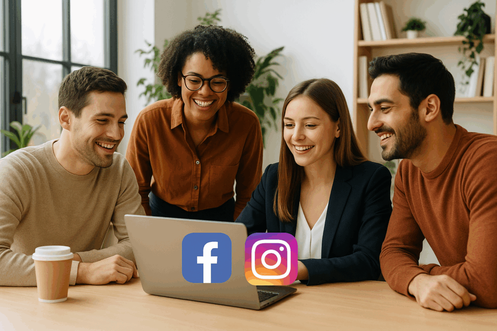 Cztery osoby w nowoczesnym biurze współpracujące przy laptopie z ikonami Facebook i Instagram na ekranie — dynamiczna scena ilustrująca „Prowadzenie social media Wojkowice” w kreatywnym środowisku pracy.